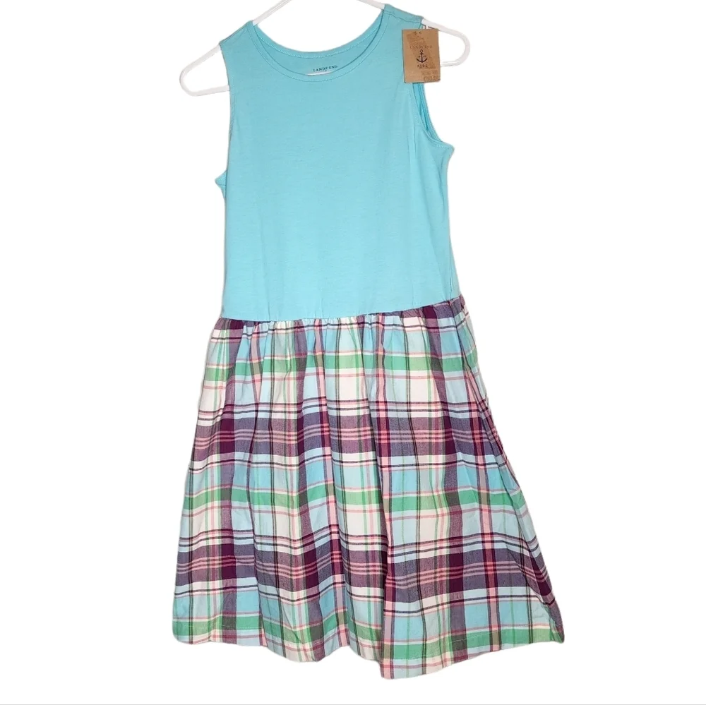 NWT Lands' End Dress 100% Cotton Sleeveless Blue Plaid Kids Youth Size‎ 14